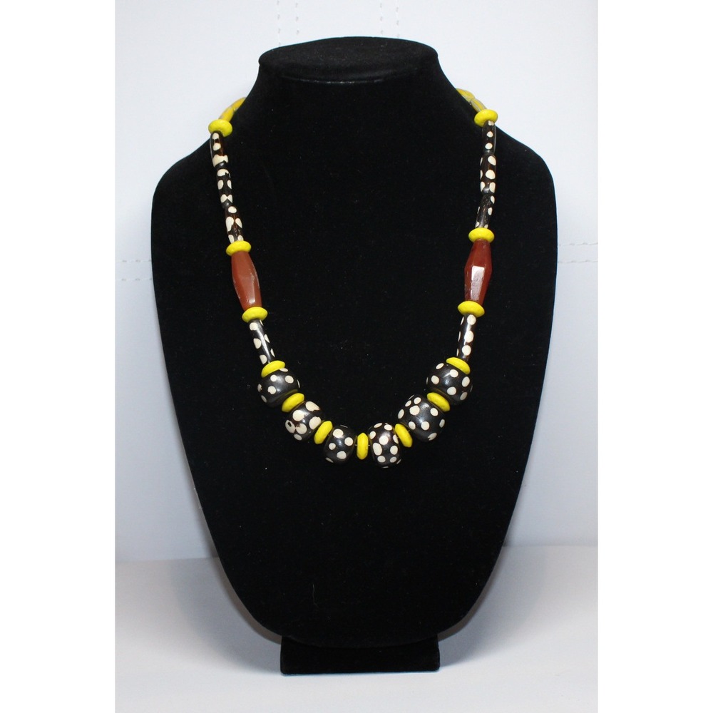 handcrafted Nigerian Trade Bead Necklace 24" yellow black custom copper clasp